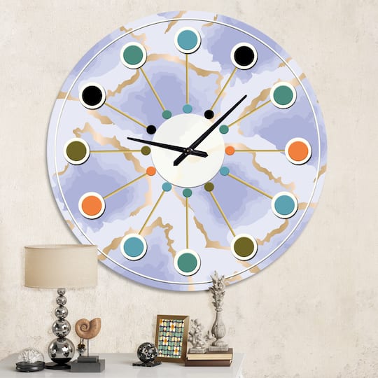 Designart 'Pastel Blue And Gold Abstract Shapes Pattern Mid-Century Modern Wall Clock